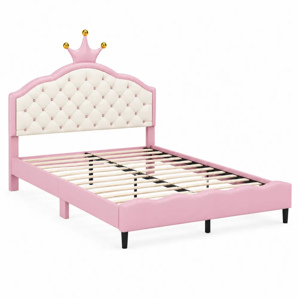 Lit Enfant en Bois et PU Couronne Rose et Crème