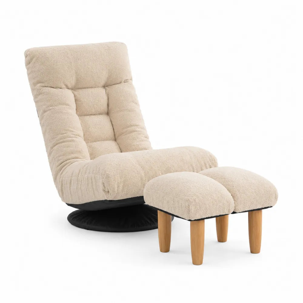 Fauteuil pivotant en tissu beige avec repose-pieds et pieds en bois