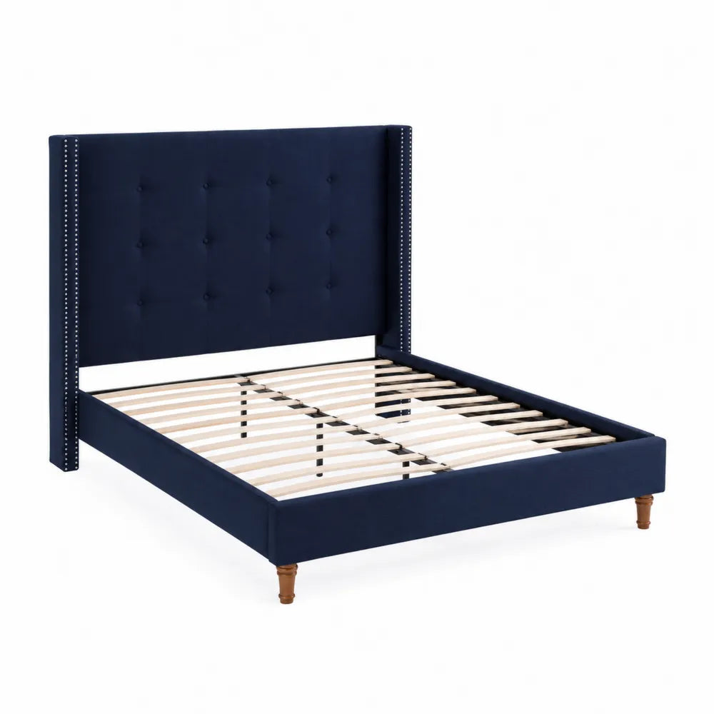 Lit double en tissu bleu avec tête de lit capitonnée