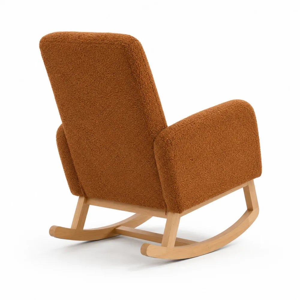 Fauteuil à bascule en tissu bouclé marron avec cadre en bois