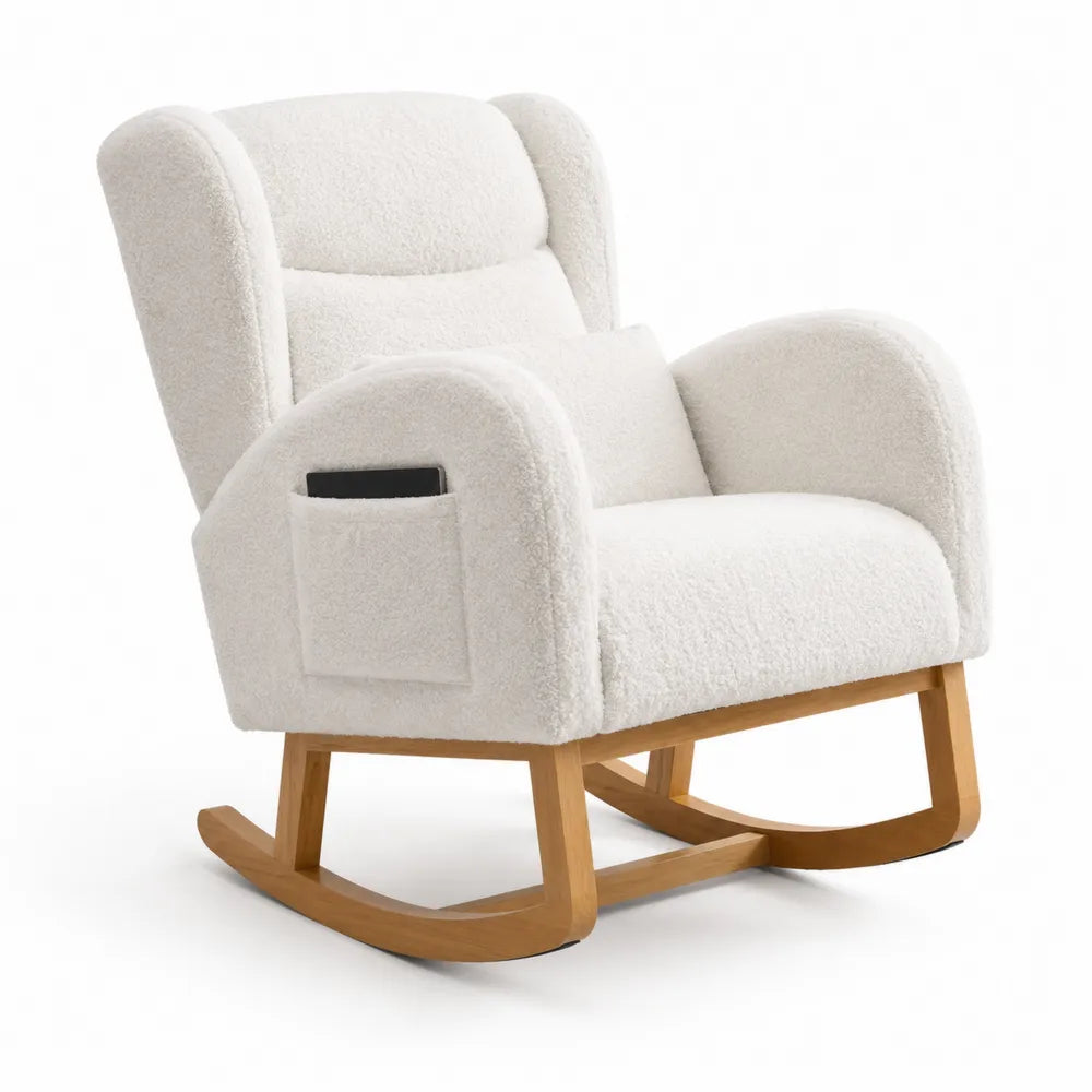 Fauteuil à bascule en tissu peluche blanc et bois de chêne