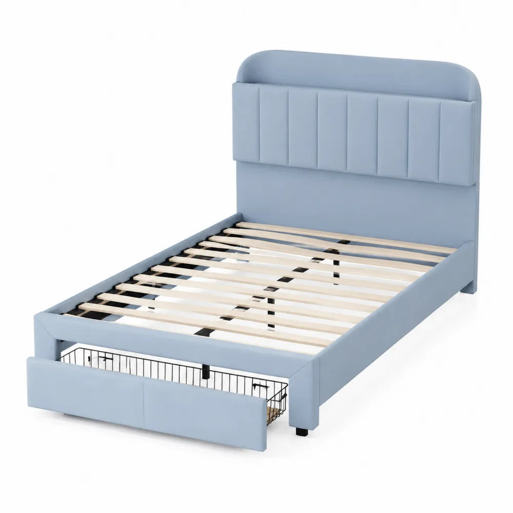 Lit simple en tissu bleu avec tiroir 90x190 cm