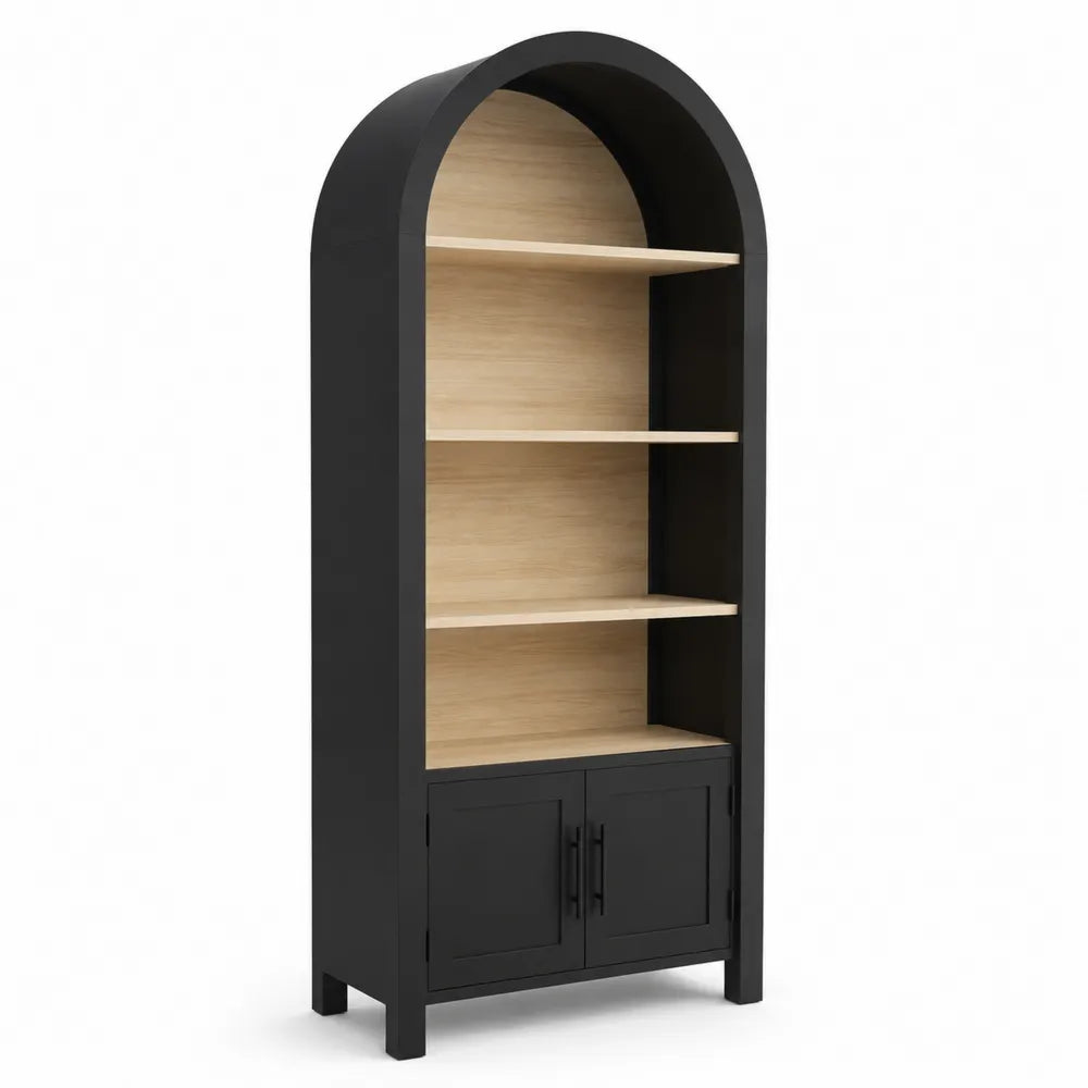 Bibliothèque arquée en bois avec étagères et portes
