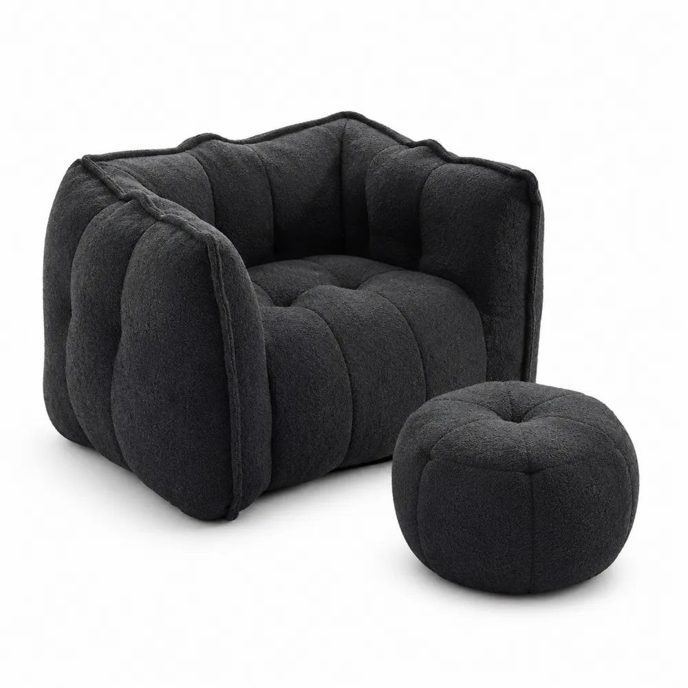 Fauteuil et Pouf en Tissu Bouclette Noir