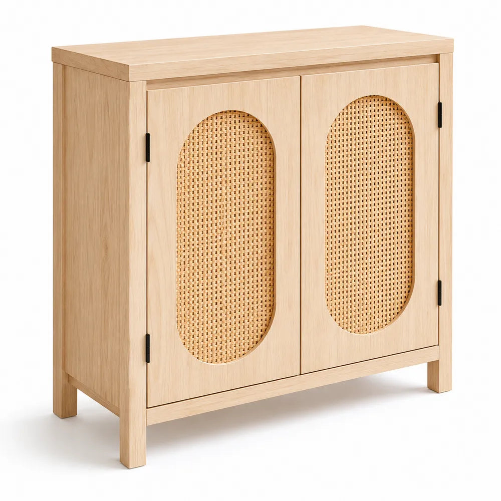 Buffet en bois de chêne avec portes en rotin