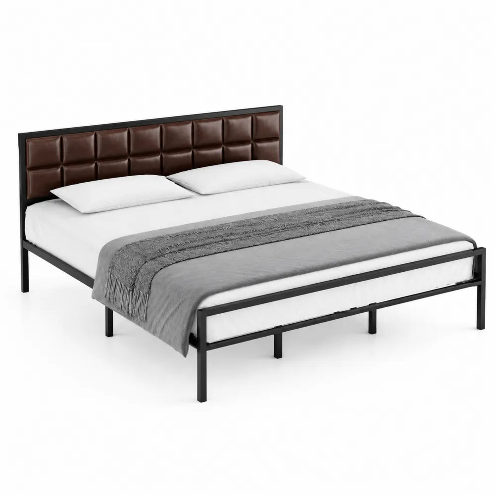 Lit double en métal avec tête de lit rembourrée en cuir PU Marron 200x160 cm