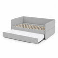 Lit gigogne en tissu gris avec sommier en bois de pin