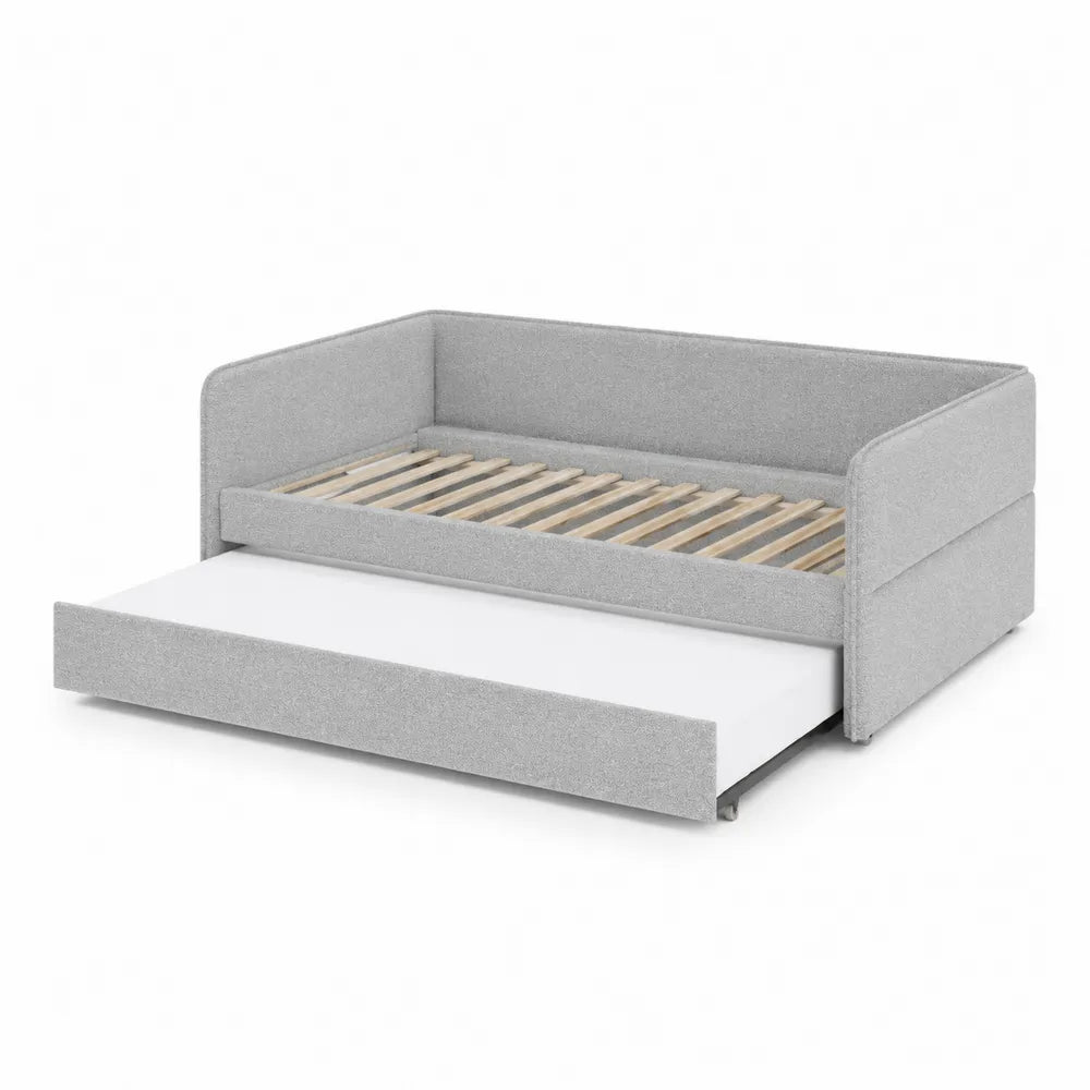 Lit gigogne en tissu gris avec sommier en bois de pin
