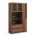 Buffet de cuisine en bois marron avec portes en verre et étagères