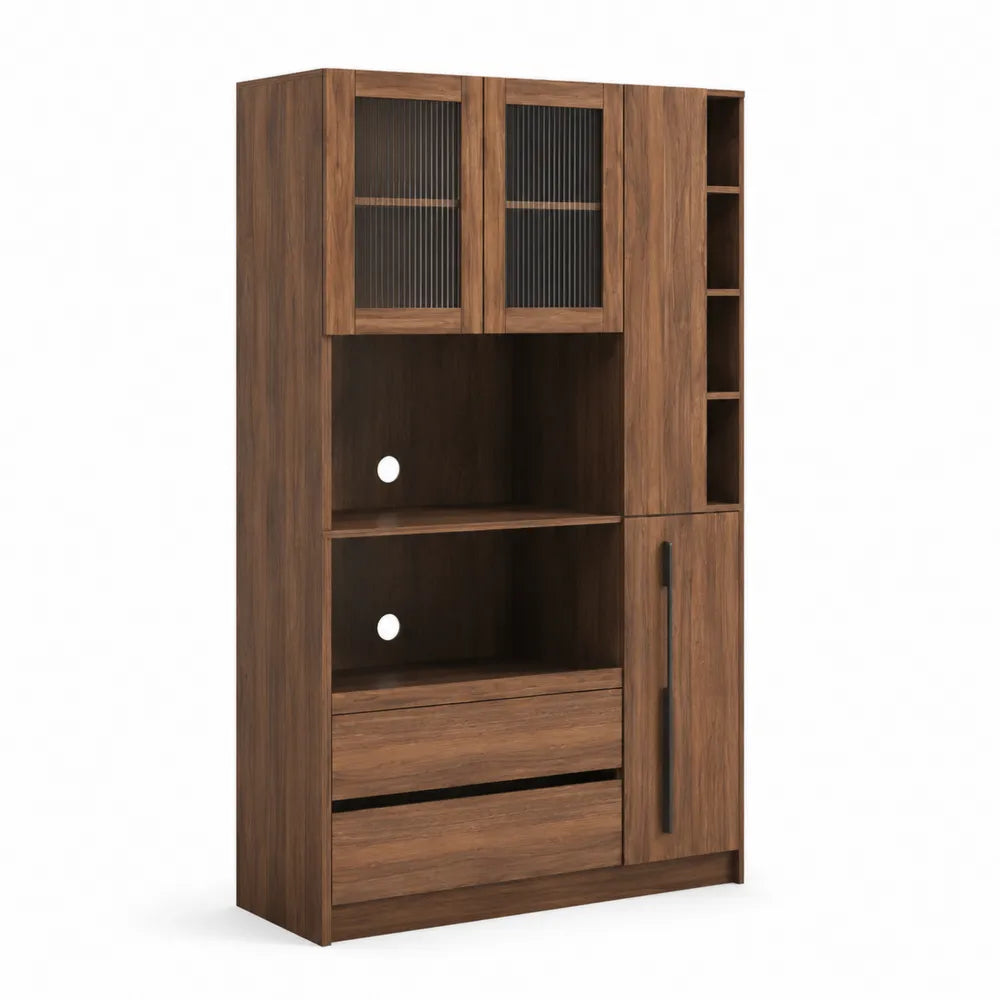 Buffet de cuisine en bois marron avec portes en verre et étagères