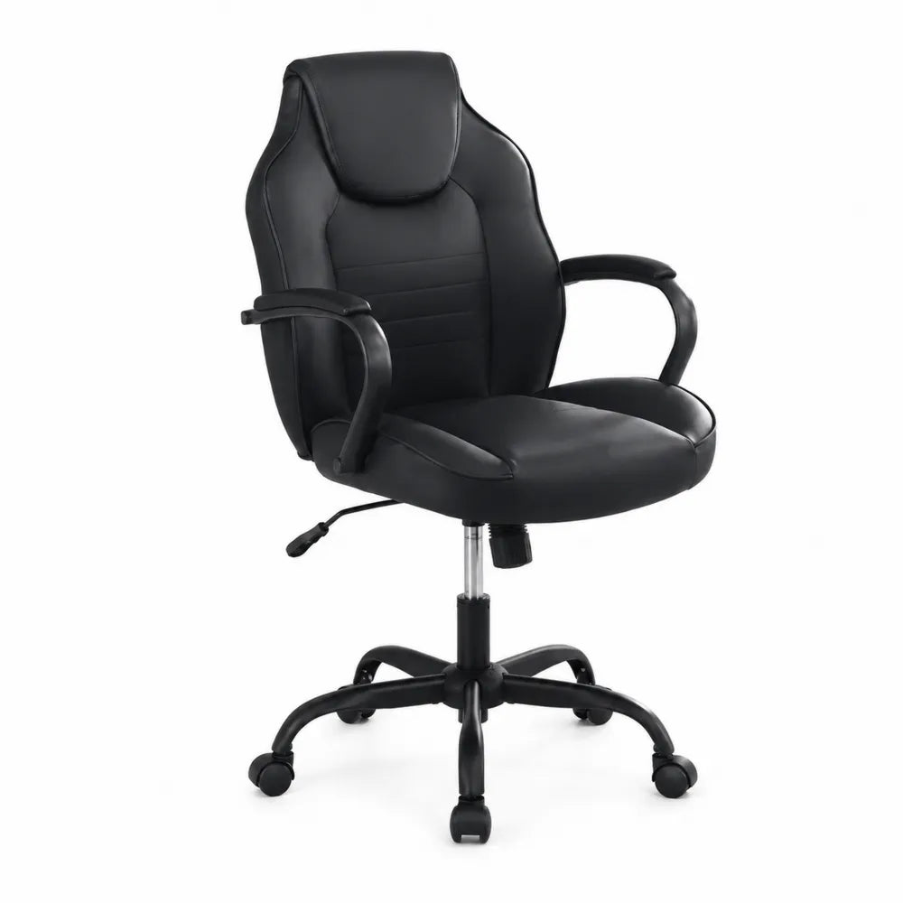 Chaise de bureau en cuir synthétique noir avec accoudoirs fixes