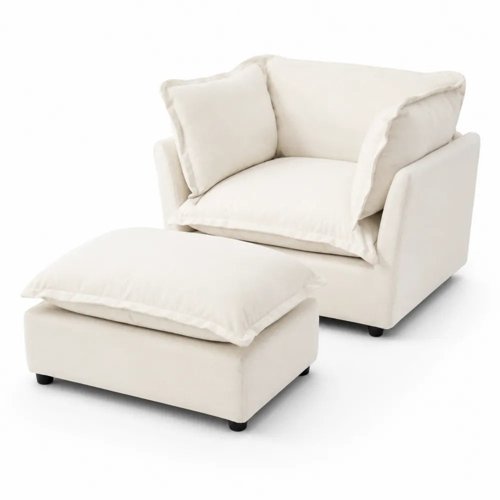 Fauteuil et Repose-pieds en Tissu Beige Crème