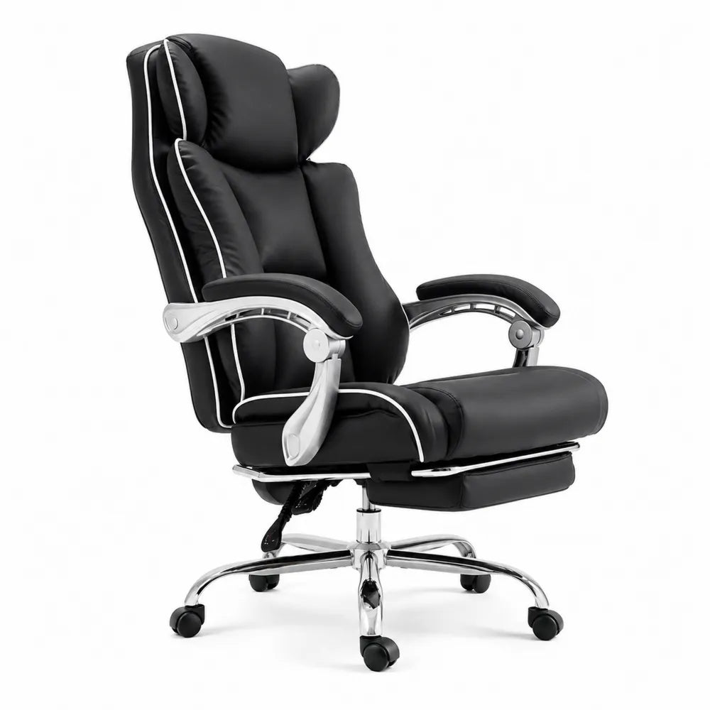Chaise en cuir PU avec repose-pieds et structure en métal chromé